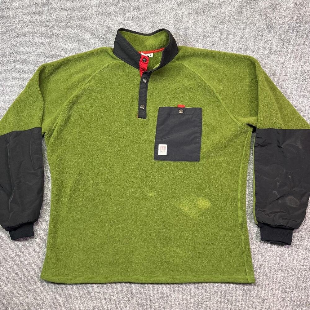 Topo Designs Fleece Pullover Shirt Mens Large Green Snap Neck Polartec USA